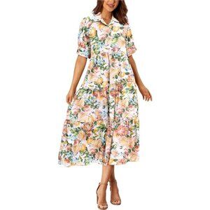 PRETTYGARDEN Women's Summer Beach Maxi Dress Short Sleeve Buttons Tiered Ruffle